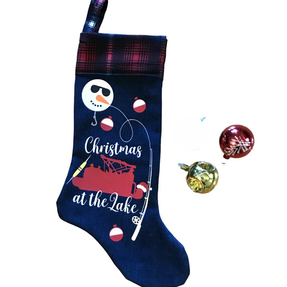 Recycled Denim Christmas Stocking Lake Cabin Decor Pontoon Fishing Boat